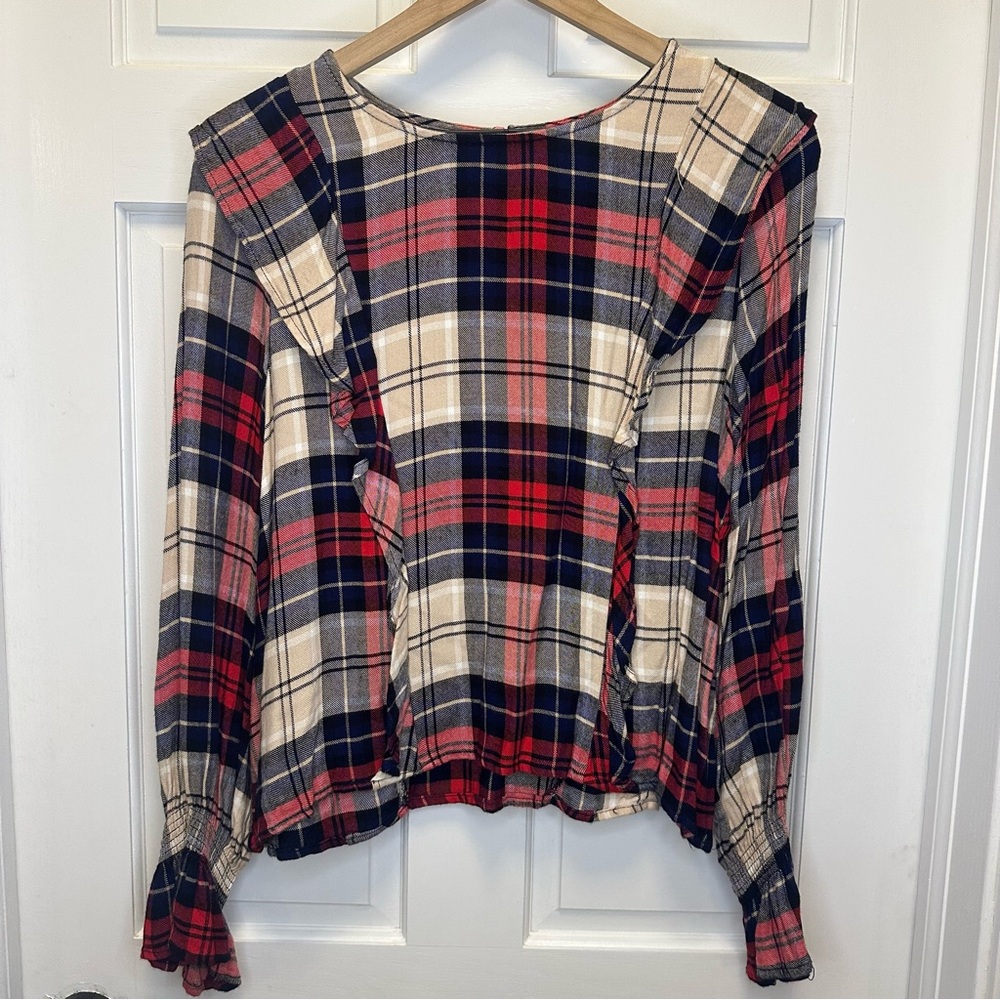 Kensie Plaid Ruffle‎ Blouse - Red, Blue, Cream
